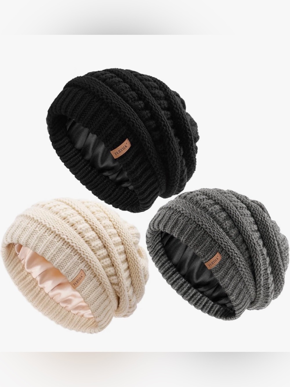 PACK OF 3 Knit Beanie with Satin Lining - Black, Gray, Cream